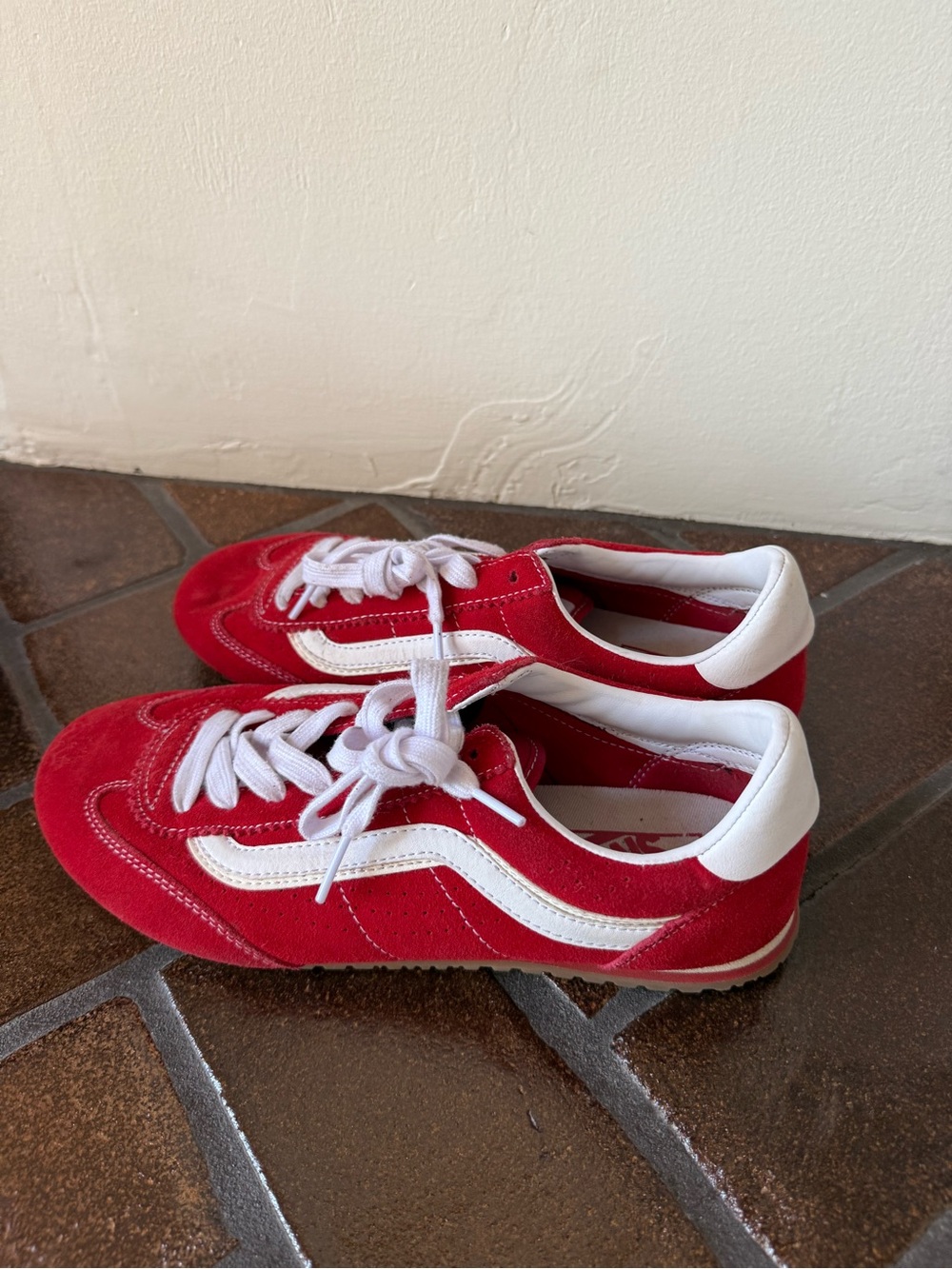 Vans Red Suede Super Low Pro Sneakers with White Stripe